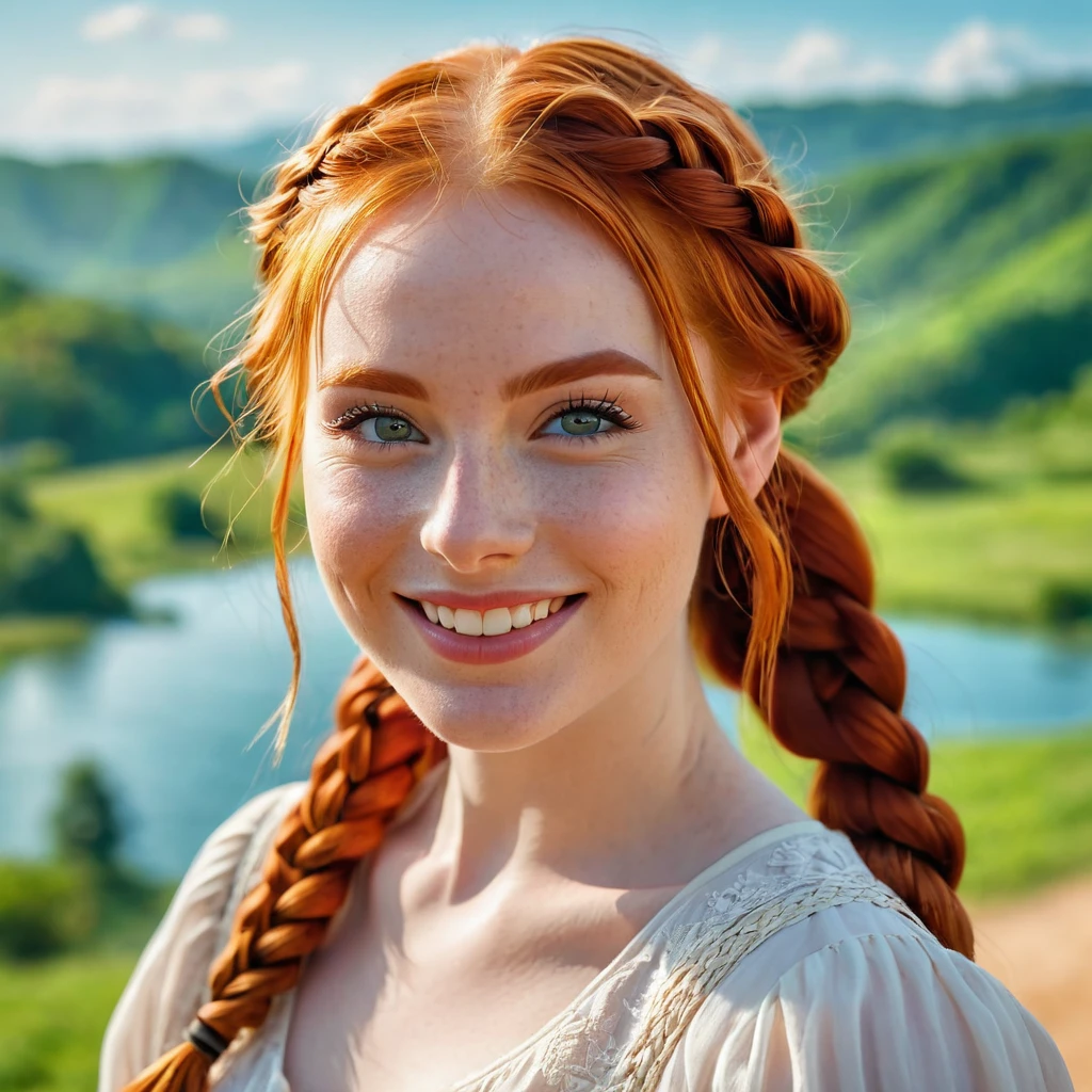 portrait of a stunning young redhead woman looking at camera,braids,very happy gaze,dimples,flirt,cute gummy smile with nose wrinkles,shy,shoulders,attractive features,expressive eyes,perfect face,makeup enhancements,fancy dress,sunny landscape in background,striking photorealism,trending on artstation,featured on pixiv,cinematic composition,dynamic pose,beautiful lighting,sharp,details,hyper-detailed,Sony/Zeiss 90mm,f/2.8,shutter speed of 1/500s,WLOP,HDR,32k,masterpiece,best quality