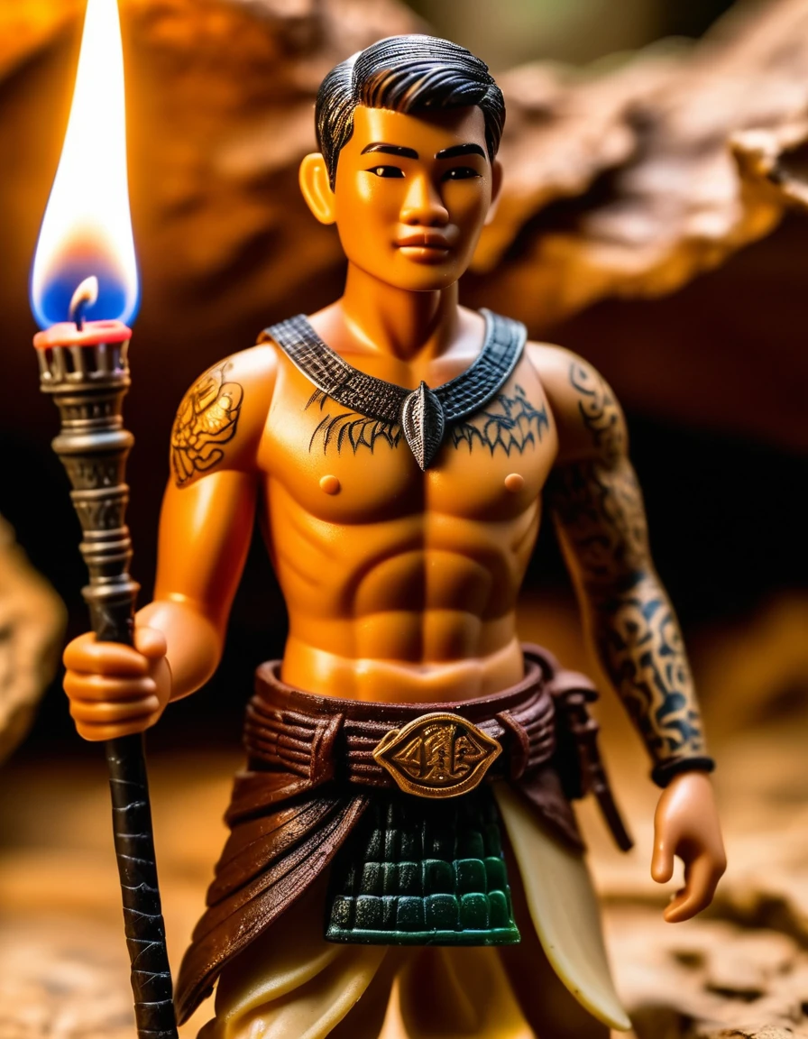 Action figure of Mr. Kraithong, 20 years old, Thai person with Maha Ud tattoo. Not wearing a shirt, showing a bunch of chest. no shoes Wearing a brown wavy cloth and holding a burning candle in his mouth. A mobile spear (Moksak spear) is about to stab a large crocodile. In a cave with water from the movie Krai Thong: The New Empire. Standing on a base with a toy box in the back. Realistic photograph, toy, year 1907, macro lens, ultra4k resolution, realistic image.