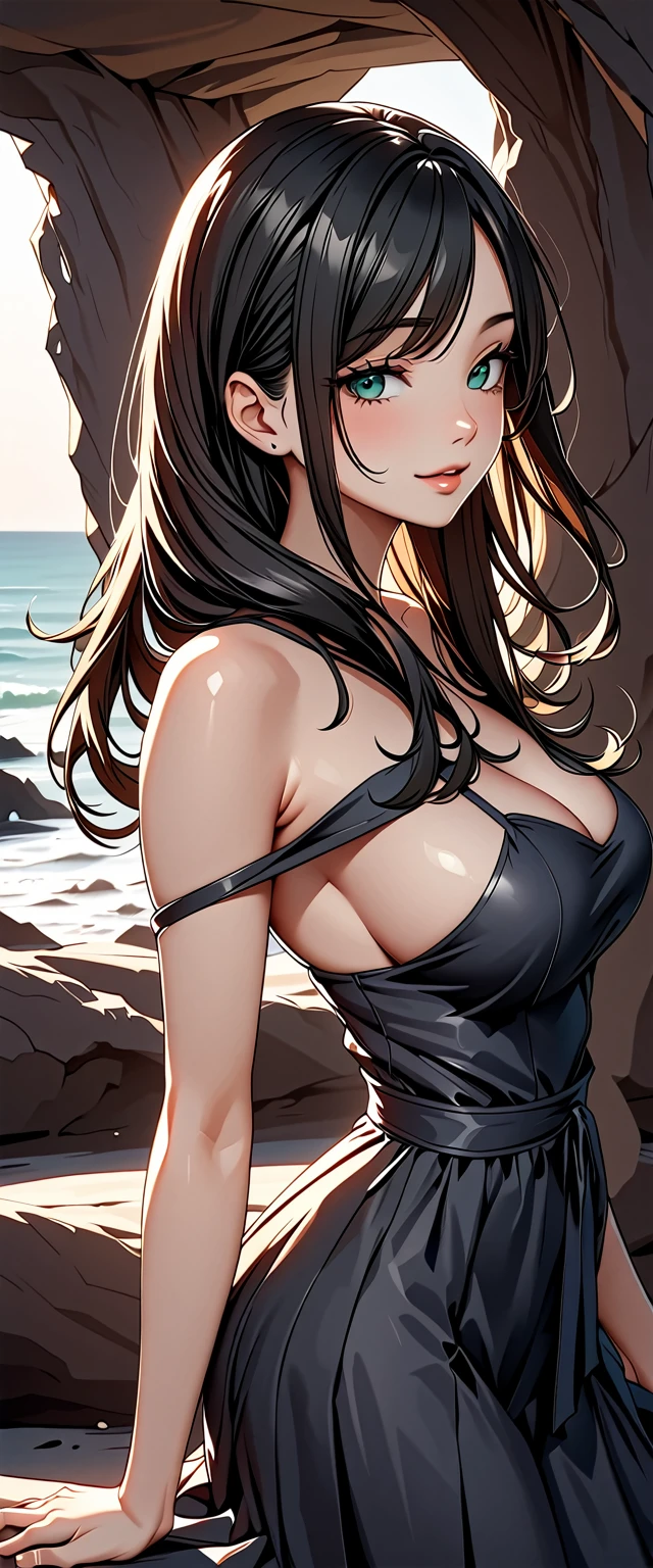 Photo of a woman with natural skin, Seaside cave, The light is shining in, Upper Body, Smiling, High Twintails, Black hair with red mesh, Sharp eyes with red eyeshadow, Blue-green eyes, Shining eyes, A thin, upturned nose, Well-shaped lips, Big Breasts, ((Black off-the-shoulder dress, Thin shoulder straps)), barefoot, Makeup, Exquisitely crafted with the utmost attention to detail, Vibrant, amazing, Smooth, Cinematic, 4K, Backlight, (()), Shallow depth of field, ((Detailed eyes:1.3, Detailed lips:1.3, high quality, )), masterpiece, Super detailed images, High quality