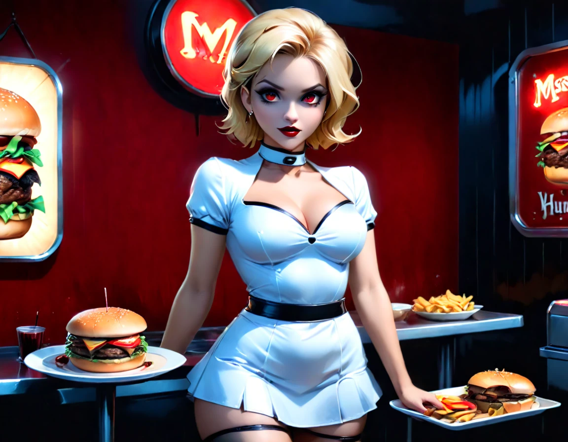 a 3D digital painting picture of extremely (beautiful female vanpire:1.3) ((serving a big juicy hamburger: 1.3)) on a tray, dripping blood in a goth American diner, an exquisite beautiful female (vampire:1.3), (full body: 1.3) ultra feminine ultra detailed face, blond hair, short hair, red lips, red eyes, glowing eyes, wearing sexy white seductive latex dress, serving a goth diner American kitchen background, full body dynamic angle, , award winning, best quality, high quality, high details, highres, vibrant, Ultra-high resolution, High Contrast, (masterpiece:1.5), highest quality, Best aesthetics, best details, best quality, highres, ultra wide angle, 16k, [ultra detailed], masterpiece, best quality, photorealistic, 3D rendering,