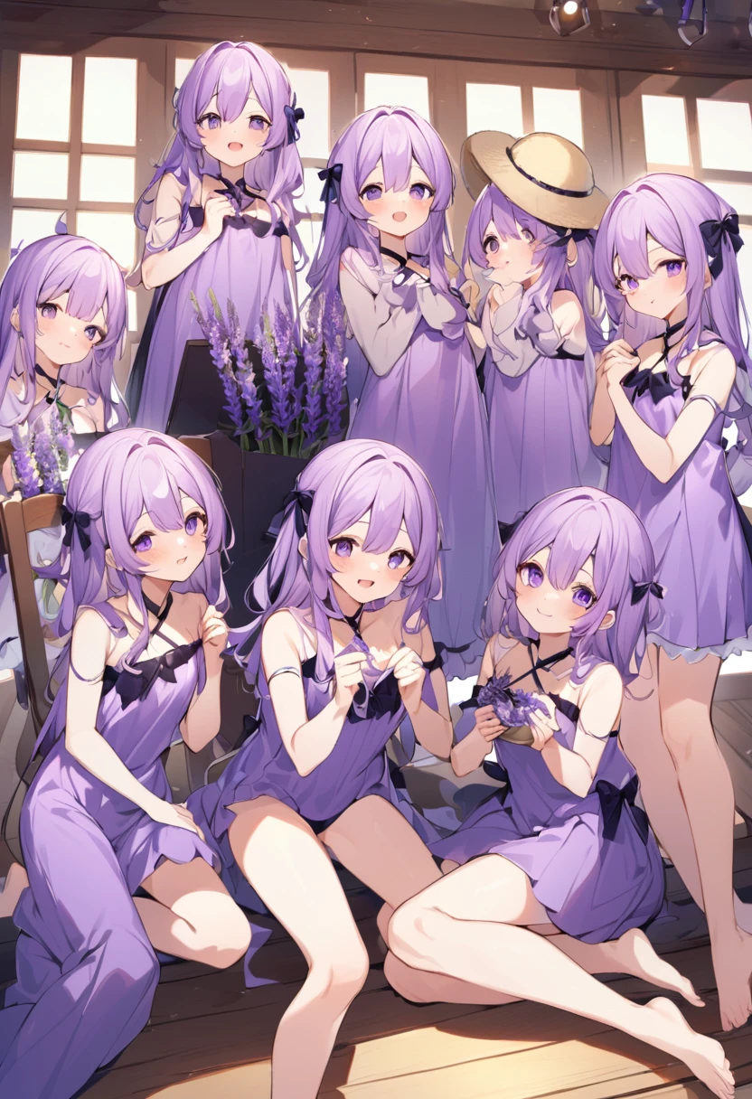 Keito。Purple Swimsuit。Purple Eyes。barefoot。6 sistery eldest daughter has lavender hair.。all female。Sextuplets
