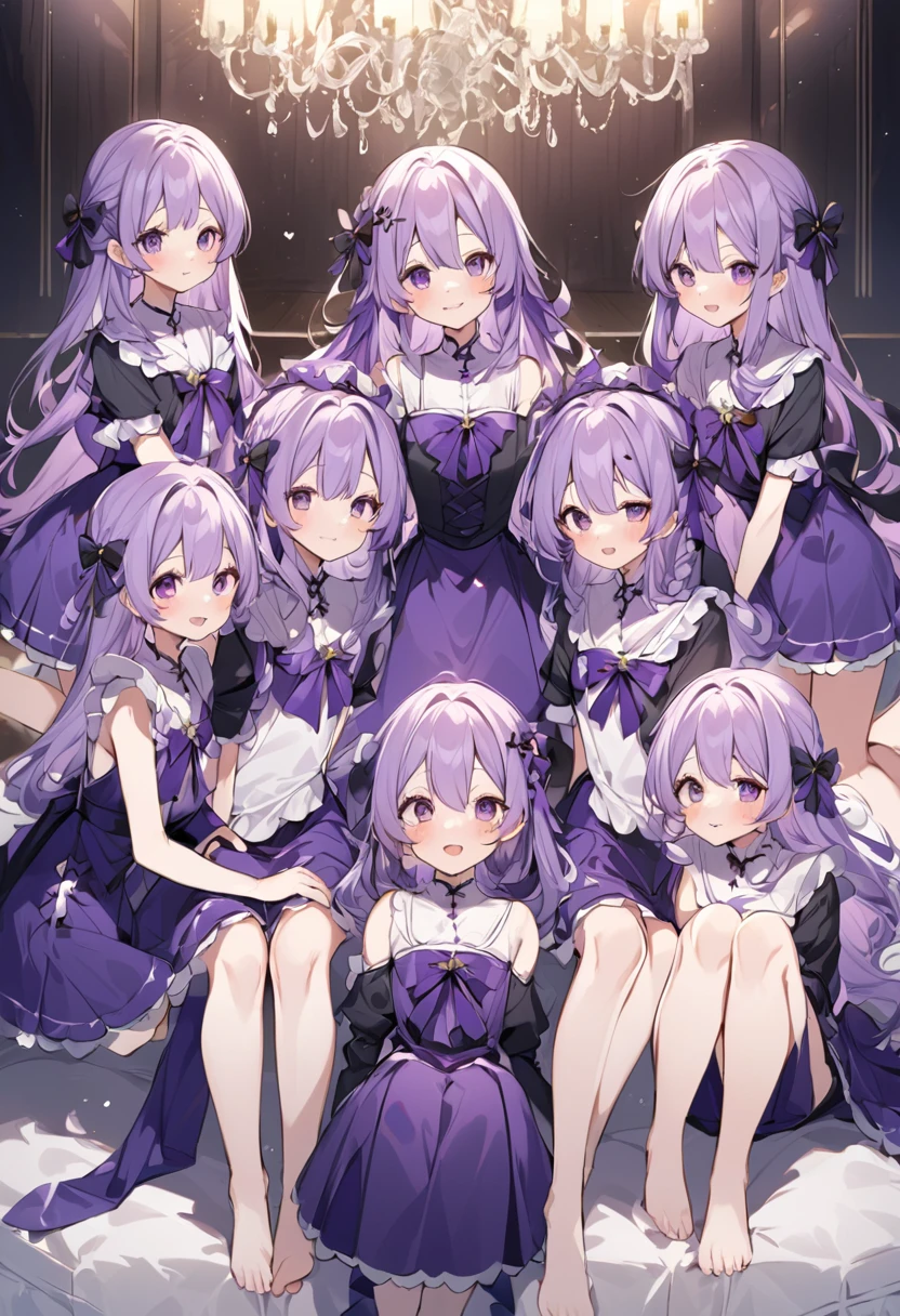 Keito。Purple Swimsuit。Purple Eyes。barefoot。6 sistery eldest daughter has lavender hair.。all female。Sextuplets