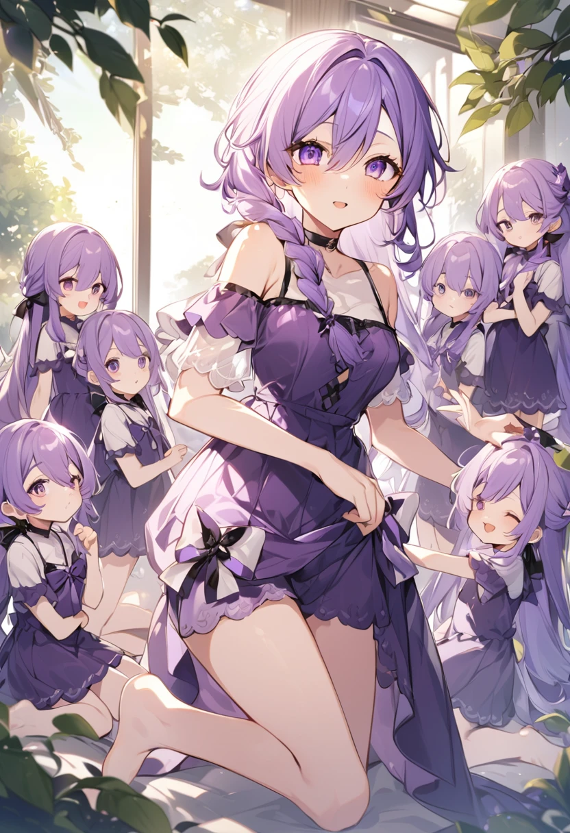 Keito。Black Hair。Purple Swimsuit。Purple Eyes。barefoot。6 sistery eldest daughter has lavender hair.。all female。Sextuplets