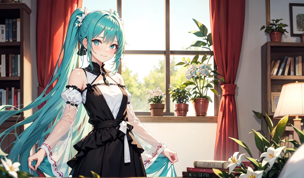 Create a high-quality anime image of a beautiful female character with long, flowing aqua-green hair adorned with white flowers. She has large, sparkling blue eyes and a gentle smile with a slight blush on her cheeks. The character wears a stylish black outfit with intricate details, including black ruffled sleeves and a cross-strap design on the back. A pink ribbon and a golden heart accentuate her waist. She is looking towards you and winking.
The setting is a bright, cozy room with sunlight streaming in from the ceiling giving the character a warm glow. The background includes a small bookshelf, green plants, and other elements that contribute to a calm, inviting atmosphere.
The overall atmosphere of the image should be bright and a little flirty, highlighting the character's charm and attractive personality.
