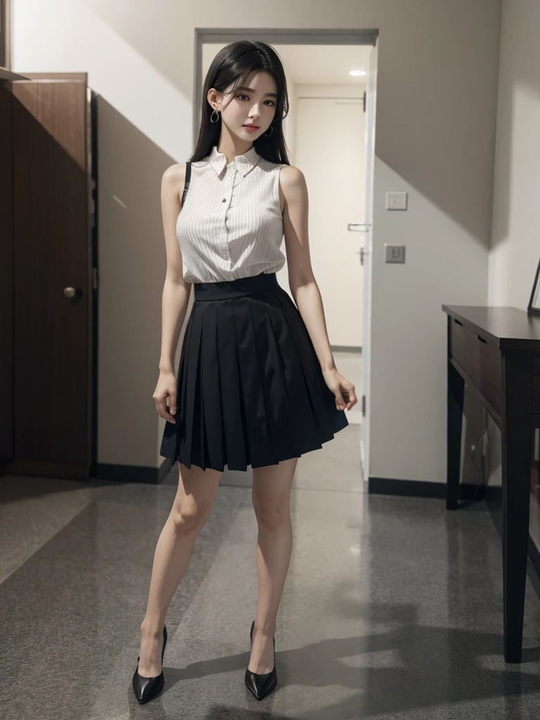 absurdres, RAW photo, extremely delicate and beautiful, masterpiece, Best Quality, ultra high resolution, 32k, hyperrealistic, ultra-detailed, perfect figure, Super Beauty, Perfect Style, Perfect balance, in her 20s, very small head, very small face, delicate facial features, tearful mole, earring, ((very huge breasts)), ((full body shot)), medium hair, black hair, Korean school_uniform, sleeveless, legs,