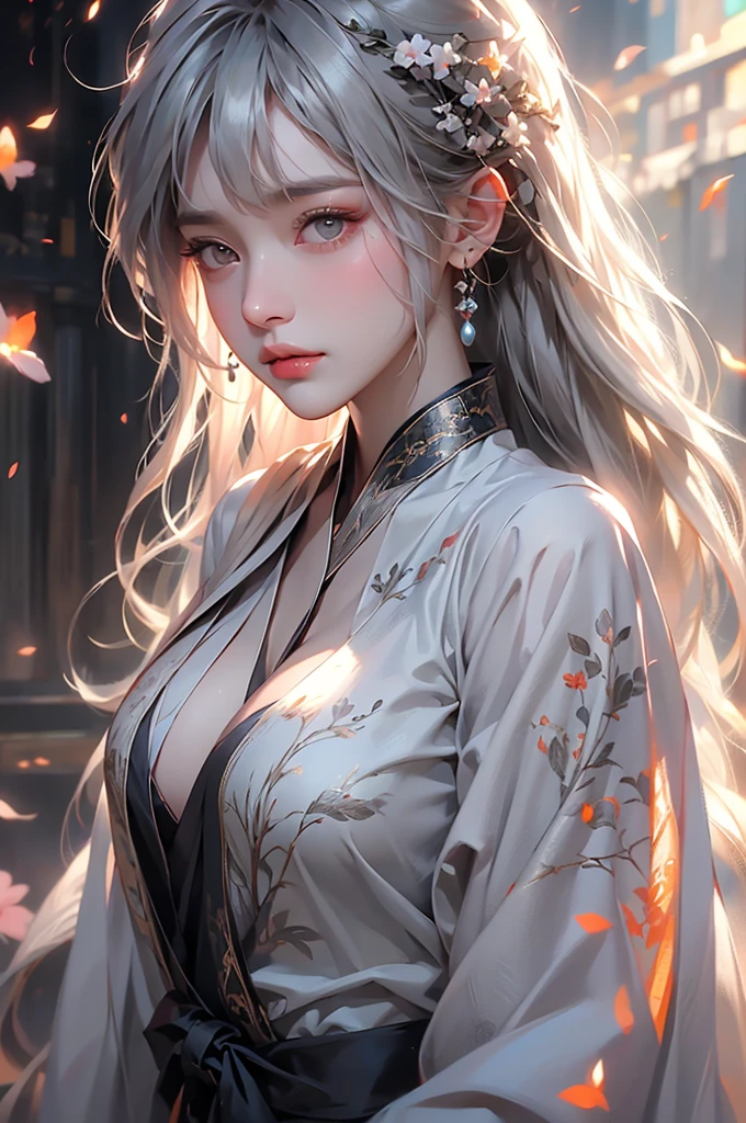 super high quality, masterpiece, Perfect illustration, Very detailed (Exquisite light and shadow, Very dramatic photo,Backlight) , ((Gray Hair:1.5))1 Girl,(( alone:1.6)), (Wearing Han clothes, Black and white Hanfu,Monotony,Long sleeve) Flower Field, Flowers, (White smoke:1.3) (Realistic:1.4), Zen Intertwining, Tangled, Official Art, unity 8k wallpaper, Very detailed, Beautiful and beautiful, masterpiece, Highest quality, (Dynamic Angle: 1.4), Glowing Skin, (Floating colorful flashes: 1) The most beautiful chaotic shapes, elegant, Brutalist Design, Bright colors, Romantic Depth of Field Exotic_dance, half_naked、（Separate sleeves:1.4, Expose your shoulders、Ample breasts）.((from diagonally forward)).Dynamic pose
