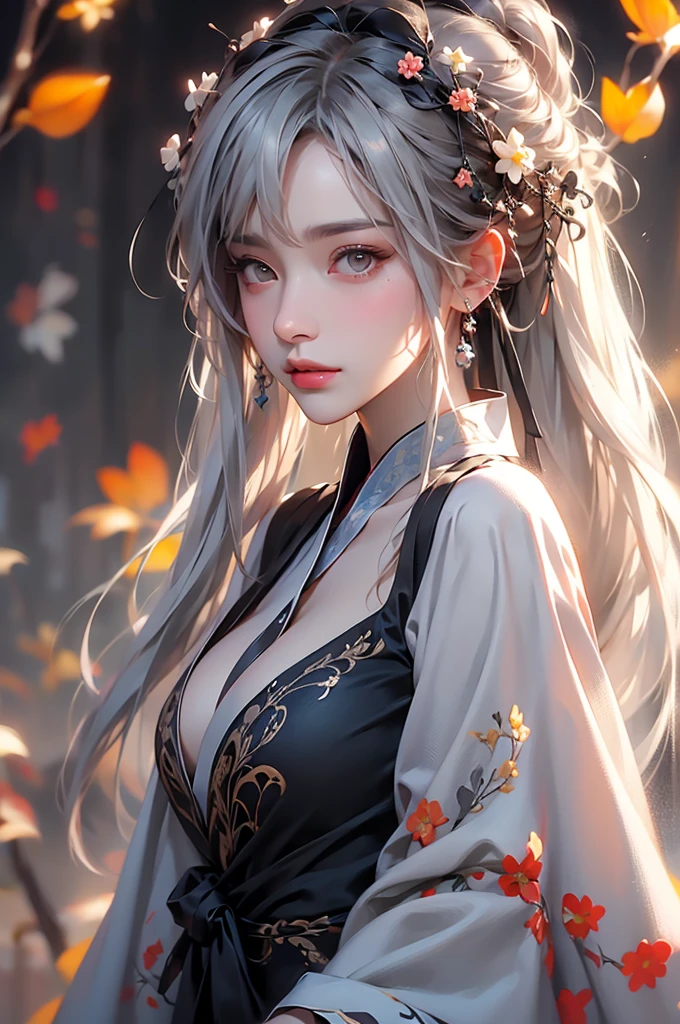 super high quality, masterpiece, Perfect illustration, Very detailed (Exquisite light and shadow, Very dramatic photo,Backlight) , ((Gray Hair:1.5))1 Girl,(( alone:1.6)), (Wearing Han clothes, Black and white Hanfu,Monotony,Long sleeve) Flower Field, Flowers, (White smoke:1.3) (Realistic:1.4), Zen Intertwining, Tangled, Official Art, unity 8k wallpaper, Very detailed, Beautiful and beautiful, masterpiece, Highest quality, (Dynamic Angle: 1.4), Glowing Skin, (Floating colorful flashes: 1) The most beautiful chaotic shapes, elegant, Brutalist Design, Bright colors, Romantic Depth of Field Exotic_dance, half_naked、(Separate sleeves:1.4, Expose your shoulders、Ample breasts).((from diagonally forward)).Dynamic pose