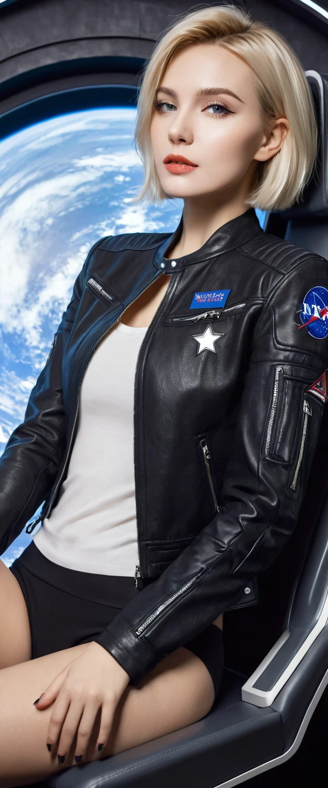 A young sexy blond woman,Keep short hair,Wearing hot clothes,Sitting in the seat of a spaceship,Windows can show beautiful stars