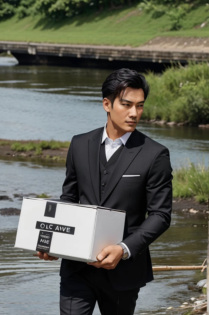A man carries a box in front of the river bank and the box is full of fish and he wear black suit and look rich person