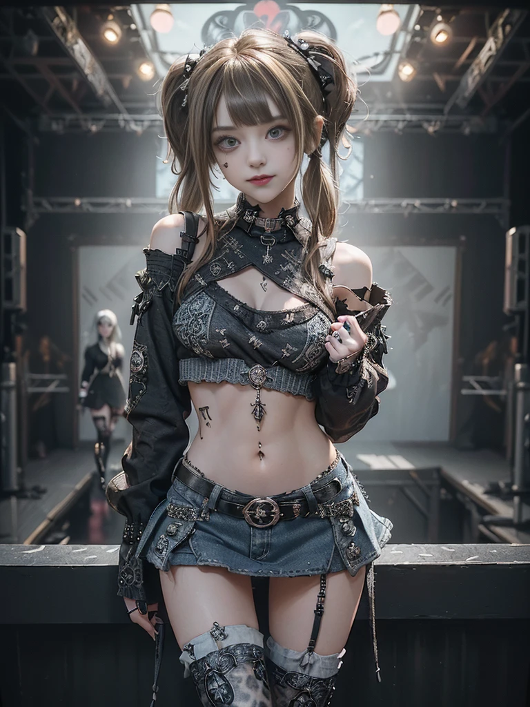 (Full Body View:1.2)、(Smiling with teeth showing:1.3),(Hollywood actress:1.5)、(Gothic Lolita style fashion:1.5)、(Punk RockVisual Kei:1.5)、(Wearing a sweater with intricate decoration:1.4)、(A mini skirt with delicate white, denim and charcoal embellishments.:1.5)、(Denim, light blue and leopard print boots:1.3)、((belt))、(Numerous intricate patterns all over the costume:1.4)、(collar:1.3)、(Leopard print ?????????:1.5)、20-year-old、????、((Highest quality、In 8K、masterpiece:1.3))、Sharp focus:1.2、(Layered Cut、Huge ?????:1.1),Beautiful woman with perfect figure:1.4、(Dancing vigorously:1.3)、Slender Abs:1.2、Highly detailed face and skin texture、Detailed eyes、double eyelid,(Twin tails:1.3)、(Brown-golden hair:1.3)、Gravure idol、(The background is the stage of the fashion show:1.3)、(Slim body:1.3),(Make your legs thinner:1.4),（clavicle:1.1）