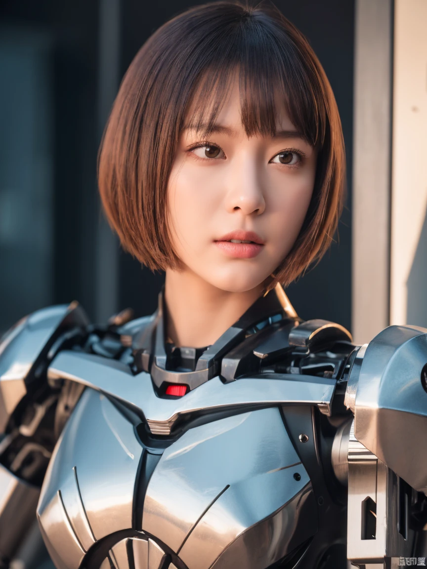 (masterpiece:1.2,high quality), One girl, ((Ultra-Realistic Details)), Global Illumination, Shadow, Absurd, Octane Rendering, 8K, Ultra Sharp, Metal, Complex, Decorations detailed, highly Complex details, Yellow Eyes, (Mechanical body:1.3), ((A clean and pretty face)), (Costume torn), (I can see your chest)、Equipment, Bobcut, (robot, Android:1.15), Broken Building、Girl Warrior