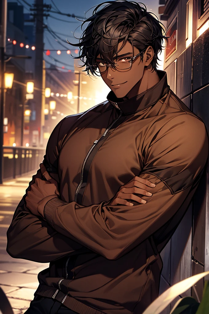 1male, black hair, dark skinned man, very dark skin, brown eyes, black hair, textured hair, muscular body, casual clothes, glasses, mature face, ikemen, smile, detailed background, 4k, high resolution, rim lighting