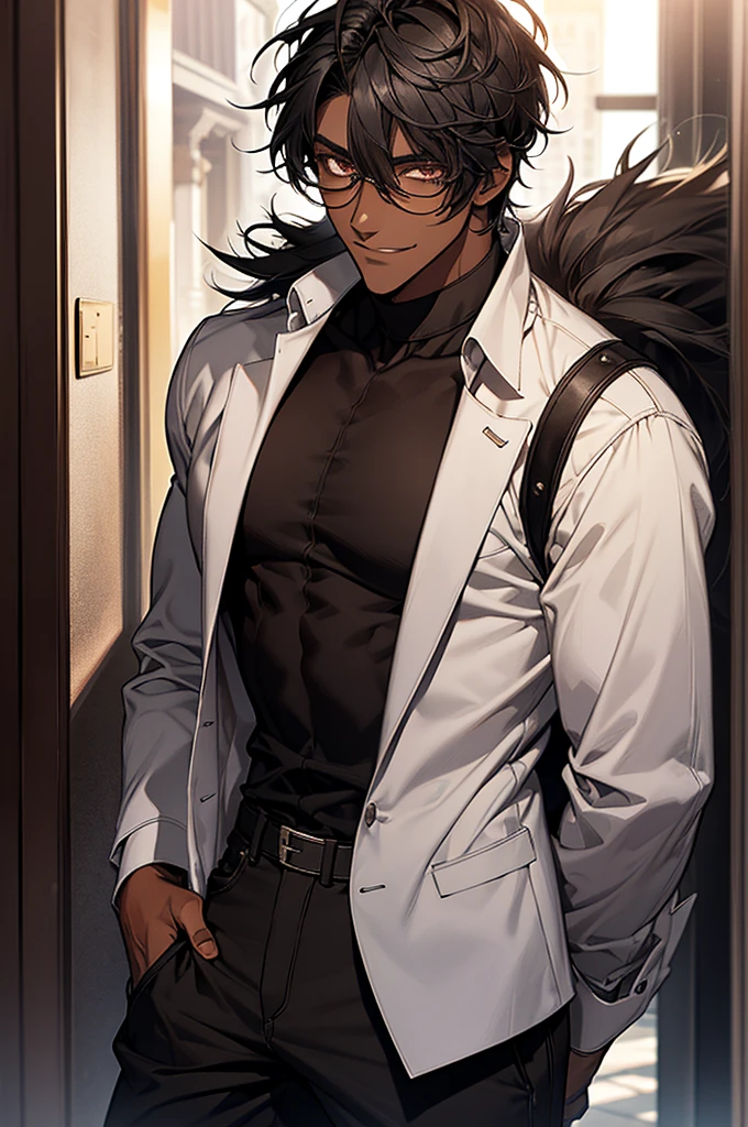 1male, black hair, dark skinned man, very dark skin, brown eyes, black hair, textured hair, muscular body, casual clothes, glasses, mature face, ikemen, smile, detailed background, 4k, high resolution, rim lighting