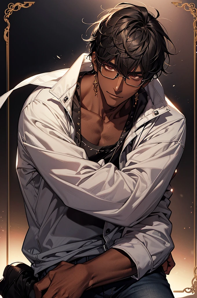 1male, black hair, dark skinned man, very dark skin, brown eyes, black hair, textured hair, muscular body, casual clothes, glasses, mature face, ikemen, smile, detailed background, 4k, high resolution, rim lighting