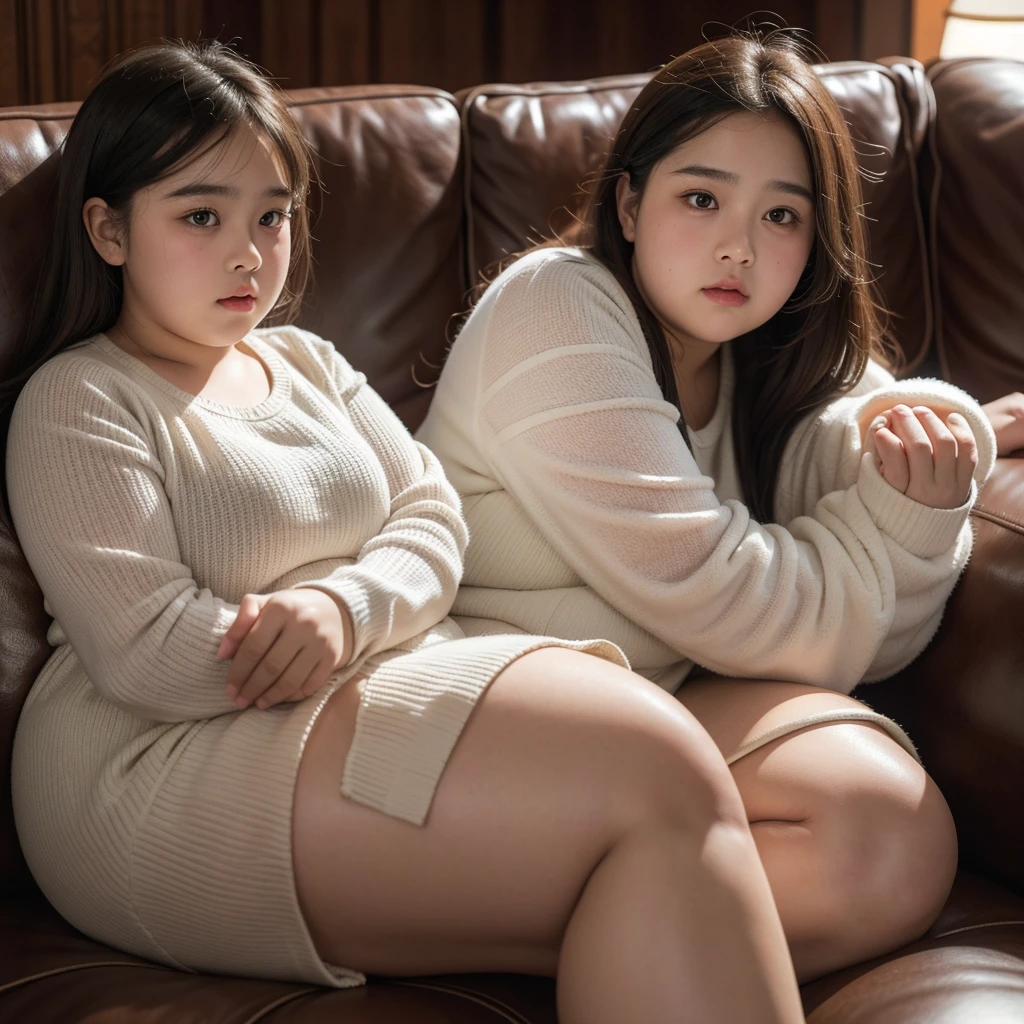 a 10 year old obese girl, chubby cheeks, round face, double chin, thick arms and legs, wearing a , sitting on sofa , realistic, detailed, highly detailed, intricate details, photorealistic, 8k, masterpiece, cinematic lighting, dramatic shadows, dark moddy collors