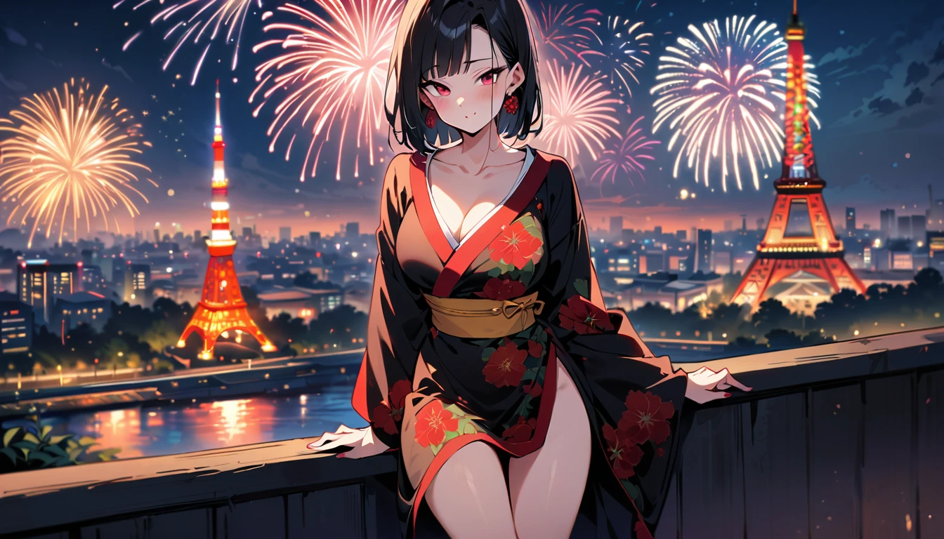 (masterpiece, best quality:1.2),1girl, (solo), Android 18 from Dragon Ball, ((floral print black kimono)), medium breasts, blunt bangs, black short hair, (red eyes), earrings on earlobes, slim, slender feminine figure, skinny body, blush, magnificent view, blur background, 4K, Tokyo Tower, firework, collarbone, (Kimetsu no Yaiba), Demon, looking at fireworks, riverside, thigh gap, arms between legs, cool,