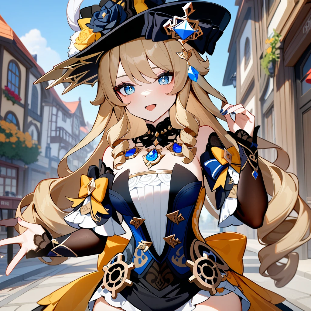 1girl, navia \(genshin impact\), genshin impact, perfect eyes,city street,perfect hand,masterpiece,very aesthetic,newest,