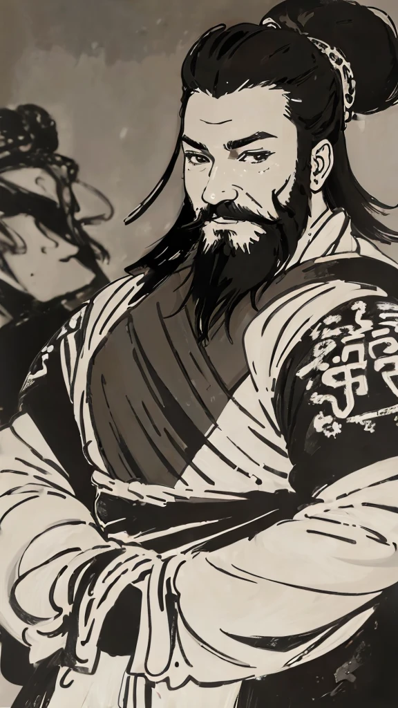 Monochrome,Oriental、Men in ancient Chinese costumes、(ancient chinese hairstyle male)、As seen in the Romance of the Three Kingdoms々military commander、Highest quality、masterpiece、Ultra-high resolution、(Realistic:1.4)、Game Poster、Crisp and beautiful image quality、beard、Embroidered cloth wrapped around a topknot、whole body ,((Skin of color, ),(Heavy Blackbeard):1.2), ( (Very detailed, bloom:1.5), (Highest quality, Concept Art, 4K), (analog:1.2), (high sharpness), (Detailed pupil:1.1), (Painting:1.1), (digital Painting:1.1), Detailed face and eyes, masterpiece, Highest quality, (Very detailed写真:1.1), 8K, photoRealistic, (Black Hair, Dynamic Short Hair), (PurerosFace_v1:0.2), [:(Detailed face:1.2):0.2], sharp, Realistic, Realistic Shadow, 