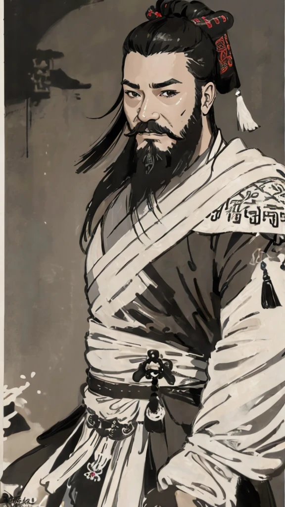 Monochrome,Oriental、Men in ancient Chinese costumes、(ancient chinese hairstyle male)、As seen in the Romance of the Three Kingdoms々military commander、Highest quality、masterpiece、Ultra-high resolution、(Realistic:1.4)、Game Poster、Crisp and beautiful image quality、beard、Embroidered cloth wrapped around a topknot、whole body ,((Skin of color, ),(Heavy Blackbeard):1.2), ( (Very detailed, bloom:1.5), (Highest quality, Concept Art, 4K), (analog:1.2), (high sharpness), (Detailed pupil:1.1), (Painting:1.1), (digital Painting:1.1), Detailed face and eyes, masterpiece, Highest quality, (Very detailed写真:1.1), 8K, photoRealistic, (Black Hair, Dynamic Short Hair), (PurerosFace_v1:0.2), [:(Detailed face:1.2):0.2], sharp, Realistic, Realistic Shadow, 