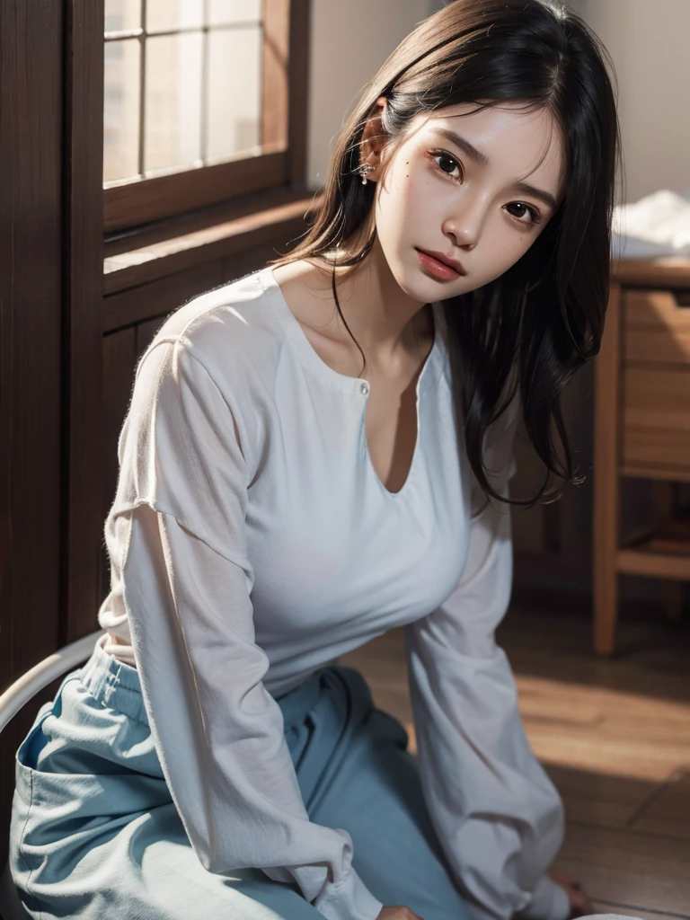 absurdres, RAW photo, extremely delicate and beautiful, masterpiece, Best Quality, ultra high resolution, 32k, hyperrealistic, ultra-detailed, perfect figure, in her 20s, very small head, very small face, delicate facial features, tearful mole, earring, ((very huge breasts)), ((full body shot)), medium hair, black hair, hospital, Down blouse, Female nurse,