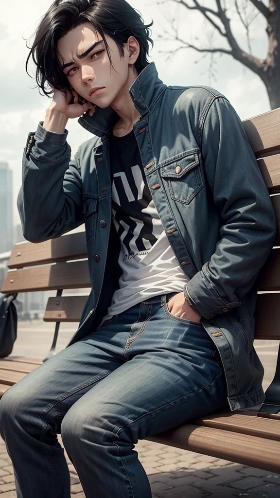 into the image, there is a young anime male sitting alone on a park bench. He has black hair that falls wildly over his forehead and large, expressive eyes that convey a deep melancholy.. His gaze is lost on the horizon, as if absorbed in sad thoughts. Your clothes are simple, with a dark coat and jeans, and your hands are stuck in your pockets. The surrounding environment is gray and gloomy, with bare trees and a cloudy sky, reinforcing the feeling of boredom and sadness that emanates from the scene.