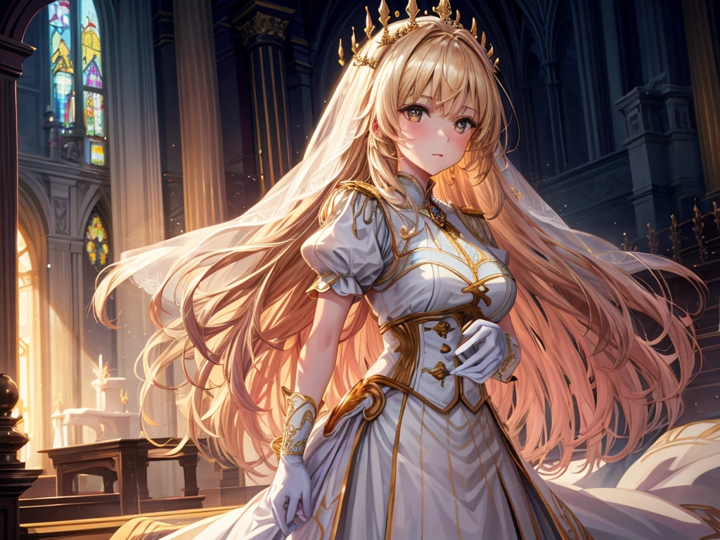 In front of the majestic church altar、（Blurred Background）、Bright light、golden long hair girl、classic white wedding dress、（Elegant luster）、（Lots of races）、Lots of ribbons、((Voluminous puff sleeves))、Long cuffs with lots of buttons、Gold embroidery、Long train、White embroidered gloves、Five Fingers、Laughter、Redness on the cheeks