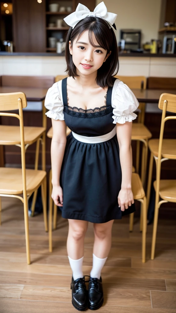 (8K, RAW photo, highest quality, masterpiece:1.3), (realistic, photo-realistic:1.4), (Highly detailed 8K wallpaper), sharp focus, Depth of written boundary, japanese idol, very cute, (baby face), full body, highly detailed face and eyes, ((shiny skin:1.2)), cinematic lighting, soft light, blur background, Bokeh, cafe background with cozy and warm atmosphere, wooden furniture, clean design, wearing a fancy and cute maid costume with pastel colors, lace, ribbons, and frills, a shorter skirt, white apron, low-cut neckline showing cleavage, knee-high socks with bows, and cute shoes, similar to the attached image but more elaborate and whimsical, with a natural gaze looking to the right