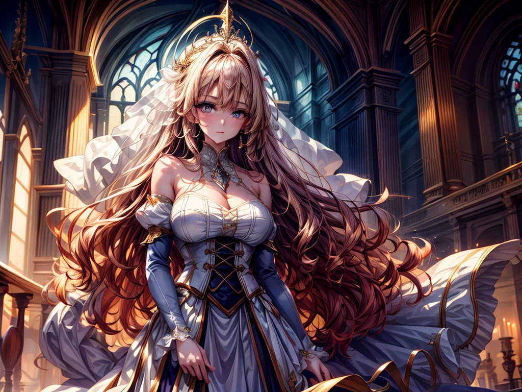 In front of the majestic church altar、(Blurred Background)、Bright light、golden long hair girl、classic white wedding dress、(Elegant luster)、(Lots of races)、Lots of ribbons、((Voluminous puff sleeves))、Long cuffs with lots of buttons、Gold embroidery、Long train、White embroidered gloves、Five Fingers、Laughter、Redness on the cheeks