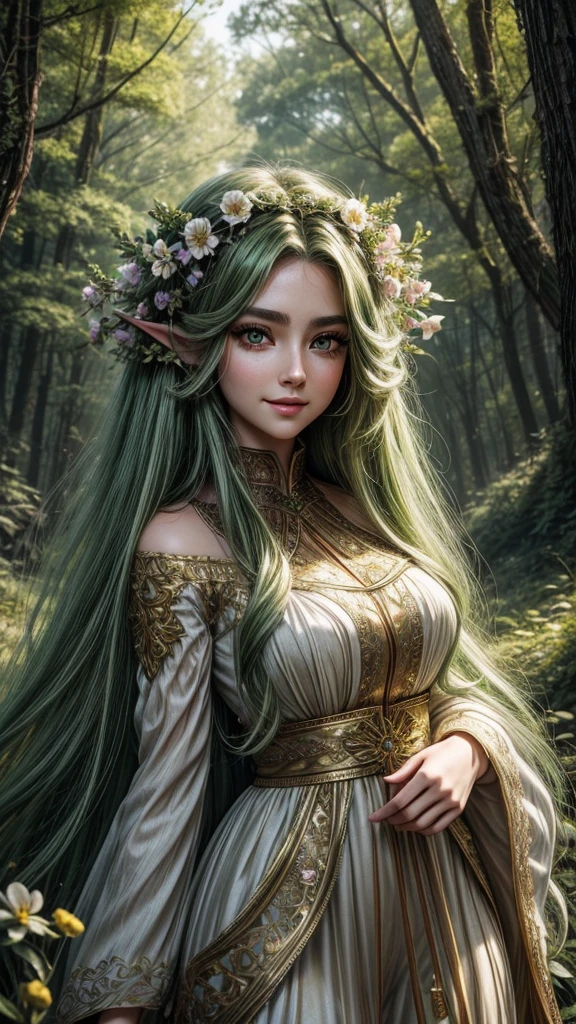 Wallpaper on your phone, better quality, cinematic image, detailed image, fantasy, detailed face, detailed beautiful golden eyes, Beautiful girl, dryad, flowers in hair, high, very long fluffy green hair, long fluffy eyelashes, thick eyebrows, wide hips, playful smile, spring forest