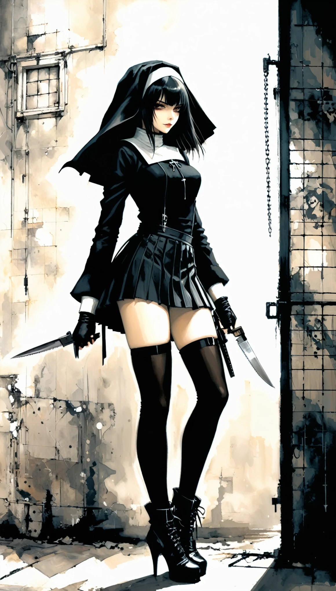 (in style of Ashley Wood:1.1),in style of Santiago Caruso,
1girl,n.u.n.s. gothic style,stocking straps,assassin nuns,a firm expression,dsmile,from the side,pulled-up skirt,bound_knees,(the knife hangs on the outside of the thigh:1.5),
