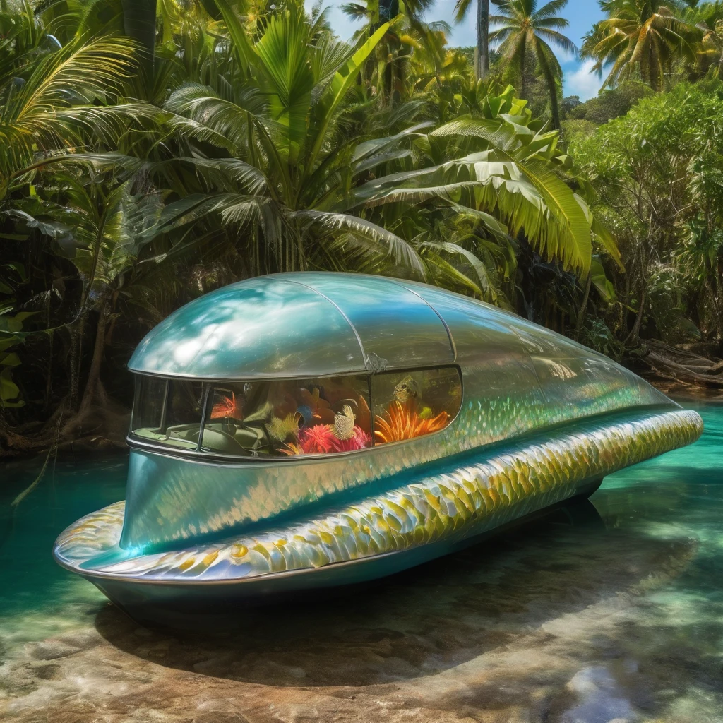 Streamlined amphibious vehicle with fish scale-like iridescent paint, emerging from a crystal clear tropical lagoon