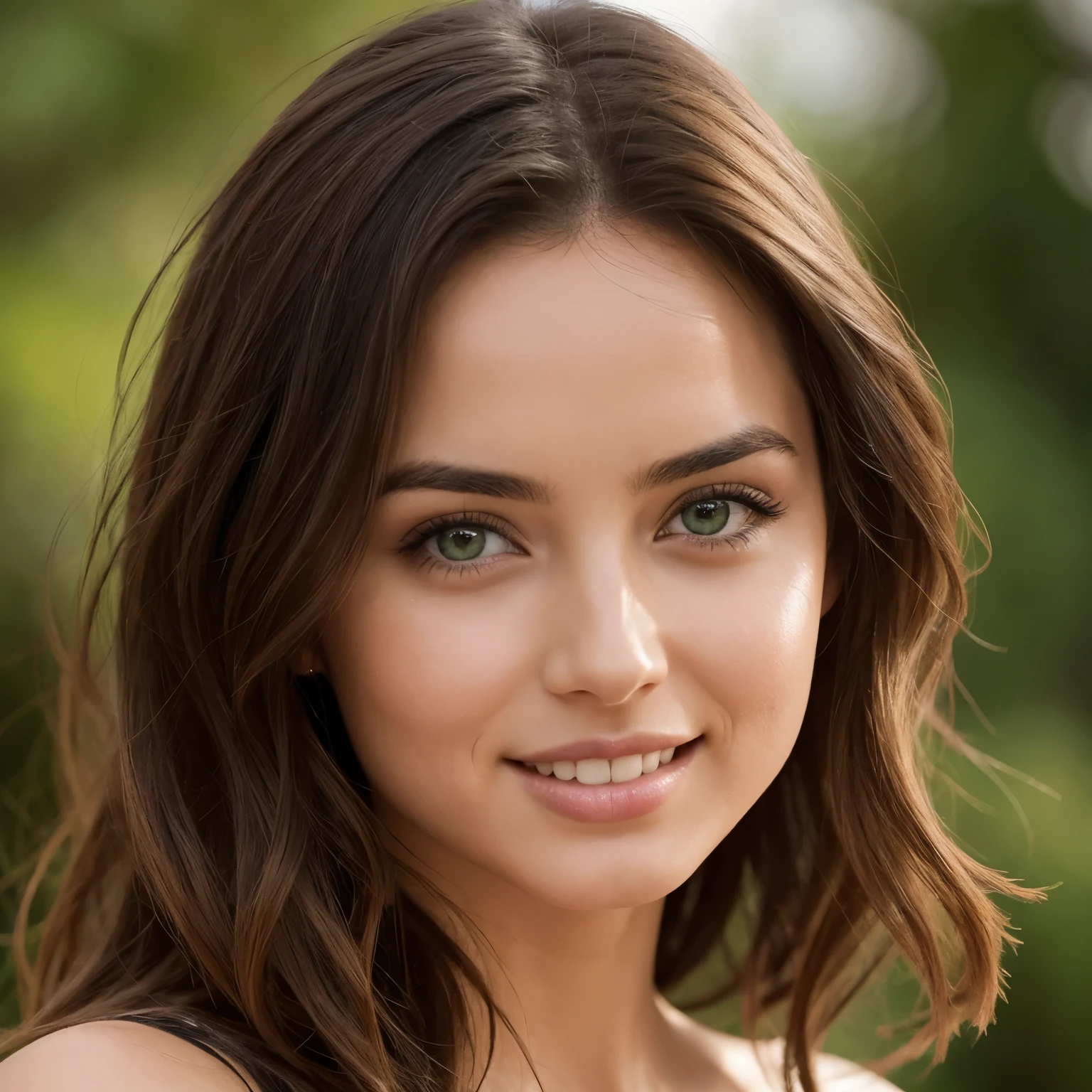 woman with a similar appearance to Ana de Armas. 24 yers old, She should have shoulder-length, wavy brunette hair, expressive green eyes, and a radiant, natural beauty. Her facial features should be elegant and symmetrical, with a warm and inviting smile. The setting should be modern and stylish, reflecting a sense of sophistication and charm