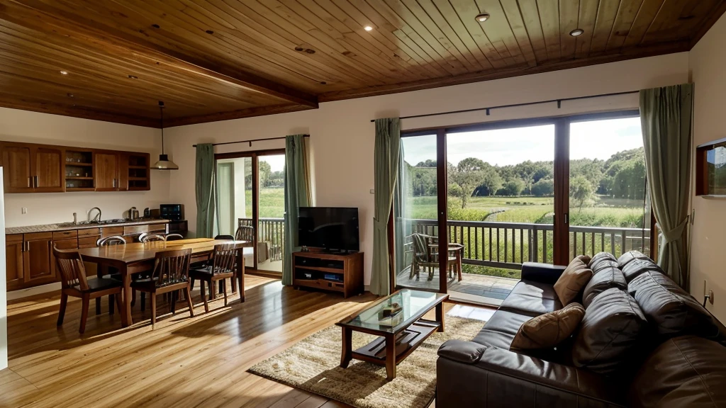 small house by the pond, 1 living room with sofa and television and treadmill, 1 bedroom on the right, large balcony stretching on land and water, modern wooden style, one grandfather and one grandmother sitting on the sofa watching television.