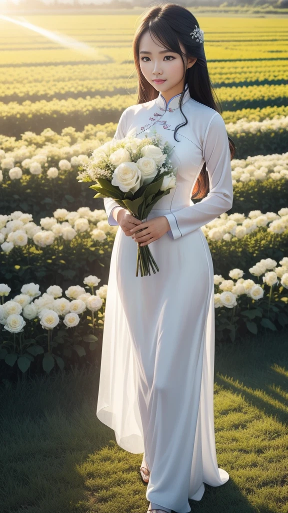 a beautiful Vietnamese girl in a thin white ao dai, masterpiece, best quality, authentic: 1.3, in a flower field, holding a bouquet, sunshine, backlight