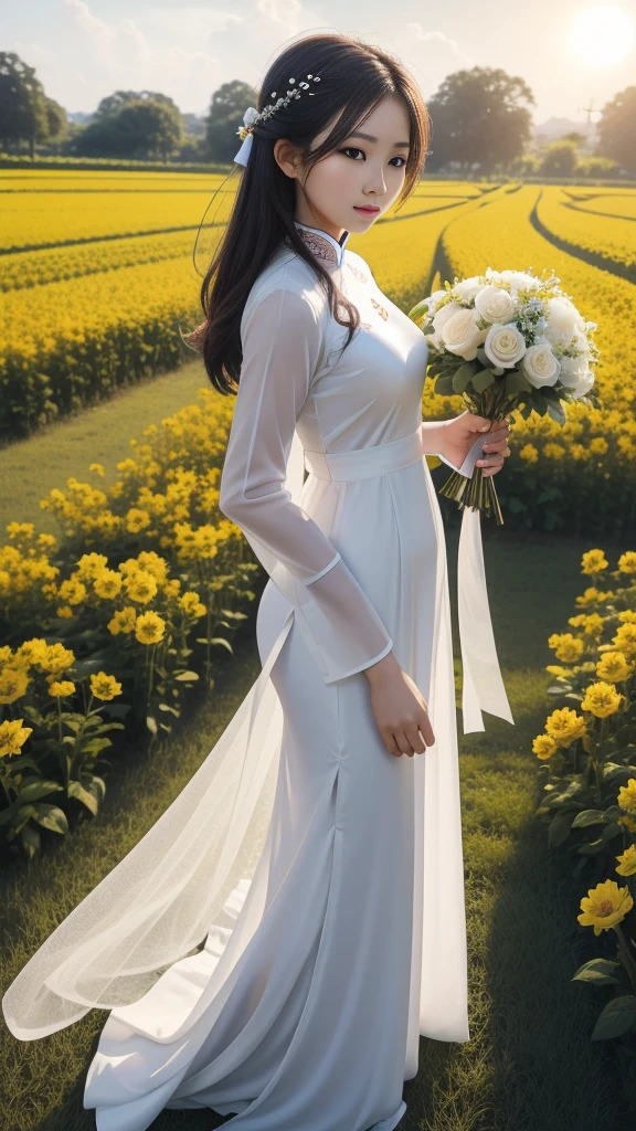 a beautiful Vietnamese girl in a thin white ao dai, masterpiece, best quality, authentic: 1.3, in a flower field, holding a bouquet, sunshine, backlight