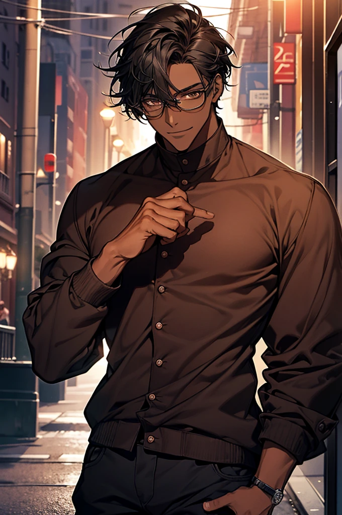 1male, black hair, dark skinned man, very dark skin, brown eyes, black hair, textured hair, muscular body, casual clothes, glasses, mature face, ikemen, smile, outdoor background, 4k, high resolution, rim lighting