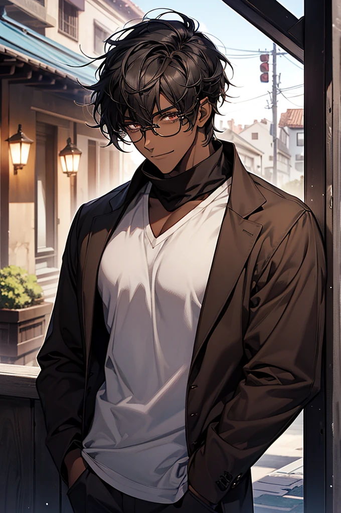 1male, black hair, dark skinned man, very dark skin, brown eyes, black hair, textured hair, muscular body, casual clothes, glasses, mature face, ikemen, smile, outdoor background, 4k, high resolution, rim lighting