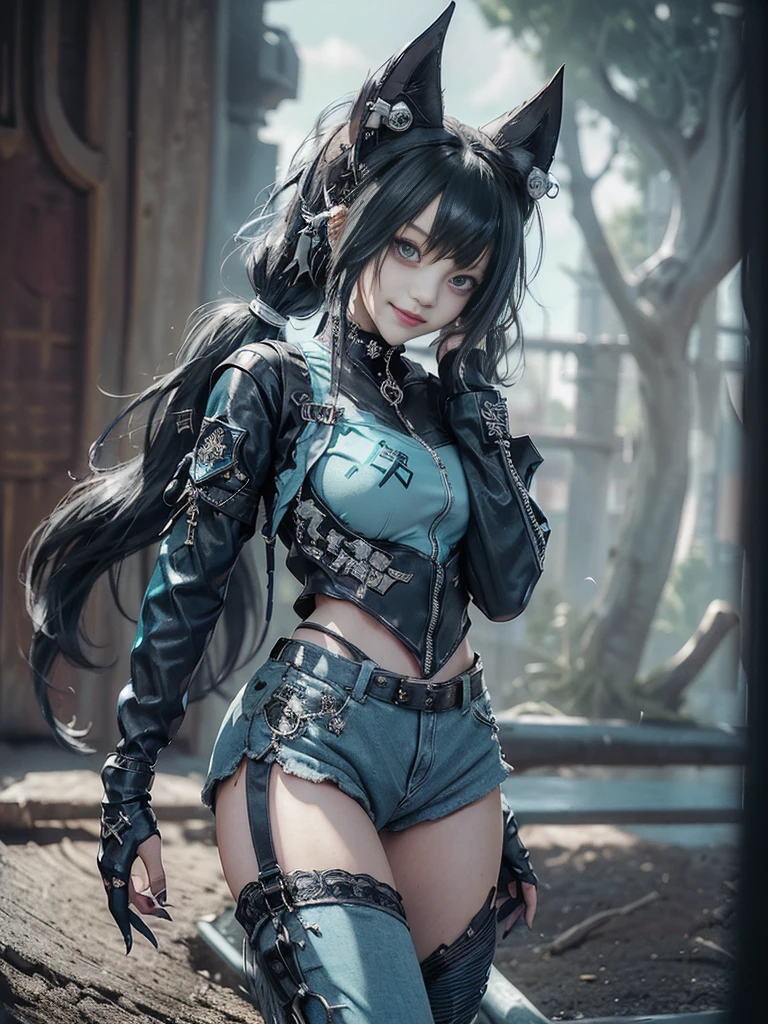(Full body view:1.4)、(Full Body View:1.4)、(Side view:1.1)、(Smiling with teeth showing:1.3),(Shibuya Gal:1.5)、(Maid café clerk:1.5)、(Punk RockVisual Kei:1.4)、(Turquoise, navy and denim medieval noble zip up:1.5)、(Navy and white arm covers and bugle pants:1.5)、(Blue high heels:1.3)、(Wearing silver accessories:1.5)、(Dark brown collar:1.4)、(Leather garter belt:1.4)、(Brown Skin Belt:1.3)、(Black lace underwear:1.5)、20-year-old、NSFW、((Highest quality、In 8K、masterpiece:1.3))、Sharp focus:1.2、(Layered Cut、Huge boobs:1.1),Beautiful woman with perfect figure:1.4、(Doing an aerobics pose:1.3)、Slender Abs:1.2、Highly detailed face and skin texture、Detailed eyes、double eyelid,(Twin tails:1.3)、(Black Hair:1.3)、Gravure idol、(A fairytale-like cafe with a lush tree background:1.3)、(Slim body:1.3),(Make your legs thinner:1.4),(Thin, thin thighs:1.3)、(clavicle:1.1)
