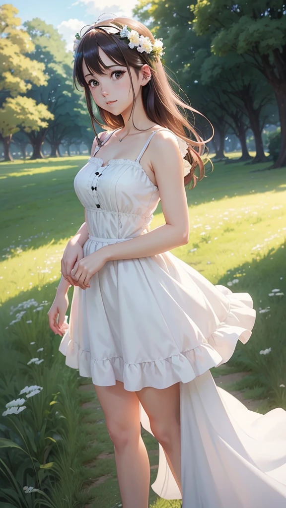 a girl in a white dress standing in a field, kyoto animation key visual, kyoto animation anime key visual, cute anime waifu in a nice dress, visual novel cg, realistic anime style at pixiv, high detailed official artwork, makoto shinkai and artgerm, official art, official anime artwork, smooth anime cg art, anime poster film still portrait