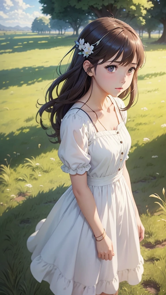 a girl in a white dress standing in a field, kyoto animation key visual, kyoto animation anime key visual, cute anime waifu in a nice dress, visual novel cg, realistic anime style at pixiv, high detailed official artwork, makoto shinkai and artgerm, official art, official anime artwork, smooth anime cg art, anime poster film still portrait