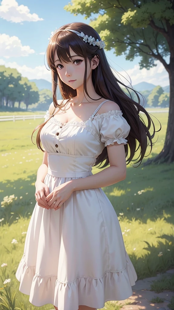 a girl in a white dress standing in a field, kyoto animation key visual, kyoto animation anime key visual, cute anime waifu in a nice dress, visual novel cg, realistic anime style at pixiv, high detailed official artwork, makoto shinkai and artgerm, official art, official anime artwork, smooth anime cg art, anime poster film still portrait