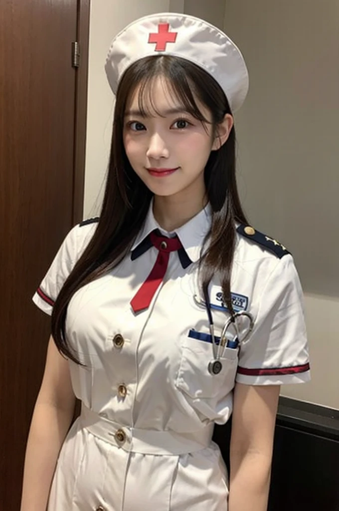 a woman in a white uniform posing for a picture with a nurse's hat on her head and a white shirt on
