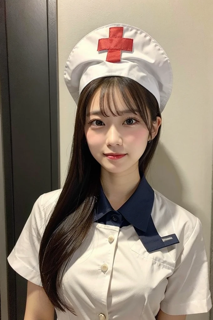 a woman in a white uniform posing for a picture with a nurse's hat on her head and a white shirt on