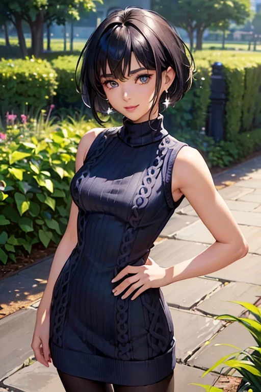 #Basics A girl is posing for a photo, animeのかわいい女の子, (((One Girl, , Young girs old))),
Bhing Accessories
((Blue knit sweater dress:1.4) : High neck sleeveless + Tight fit at the waist with a black belt + Shiny and sheer black pantyhose, Lace-up boots),
Red gemstone earrings, fancy silver necklace,
BREAK
#Features
((Black Hair)), Curly hair, (Pixie Cut Hair : Very short hair + Hair curled outside + Thin Hair),
(Droopy eyes, blue eyes), (Small breasts), (Brown skin + Dark Skin),
BREAK
#background environment
(noon、(Stone path lit by sunlight, garden, A rural townscape can be seen in the background.)),
#Facial Expression Pose
((Wicked Smile), (A powerful walking pose with arms naturally hanging down at the sides)),
#composition
((Face the camera, Cowboy Shot)),
BREAK
#Body parts elements
(Detailed hair, Beautiful Hair, Shiny Hair),
(double eyelid, Long eyelashes),
(Expression of fine eyes, Beautiful and delicate eyes, Sparkling eyes, Eye Reflexes, Glitter Eyeliner),
(Human Ear),
(Beautiful Nose, Thin Nose),
(Glossy lips, Beautiful Lips, Thick lips, Glossy Lips, Natural Cheeks),
(Detailed face, Symmetrical facial features),
(Detailed skin, Textured skin, Beautiful Skin, Shiny skin),
BREAK
#Quality
(((Highest quality)), ((masterpiece)), ((Very detailed))), ((High resolution), (16K,1080P)),
(Realistic), (Anatomically correct),
((comics, anime)), (3DCG), CG illustration,