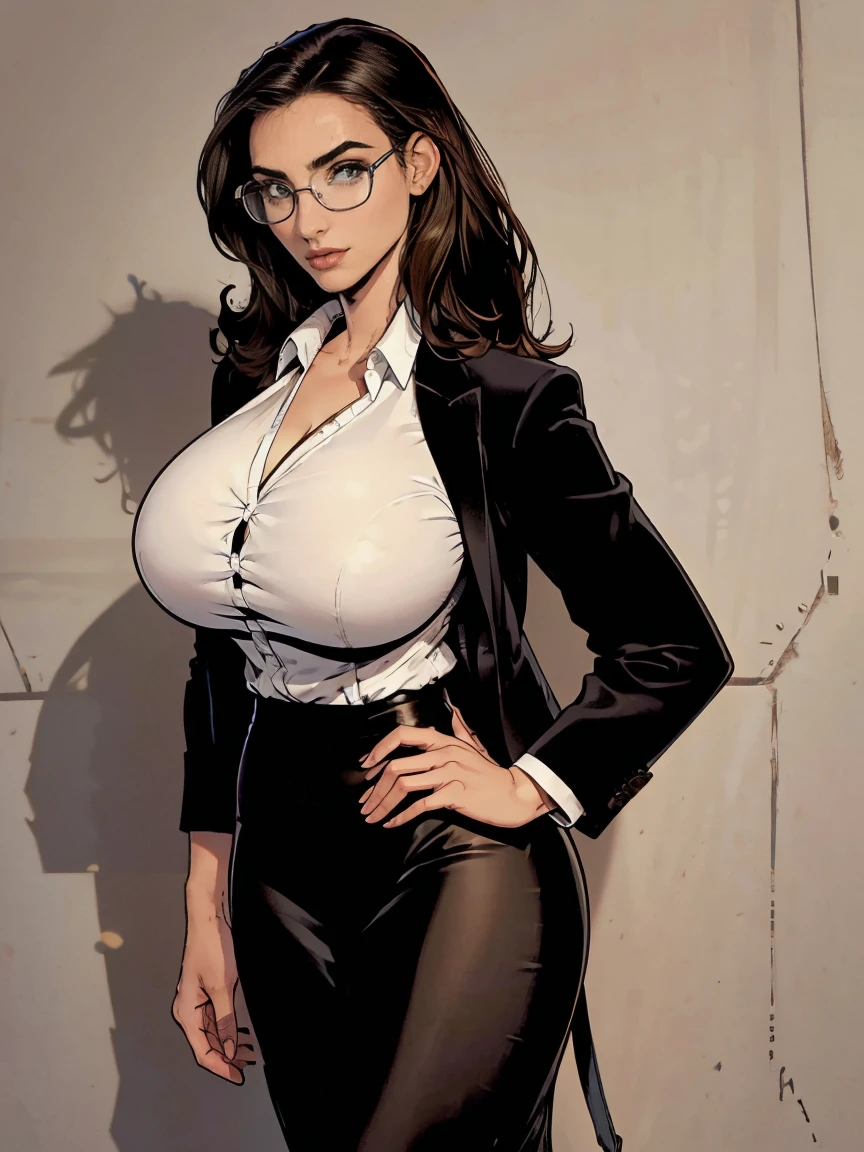 Gorgeous and sultry busty athletic (thin) brunette with sharp facial features and a (large nose) and (huge boobs) wearing a black blazer, white blouse and black pencil skirt, glasses