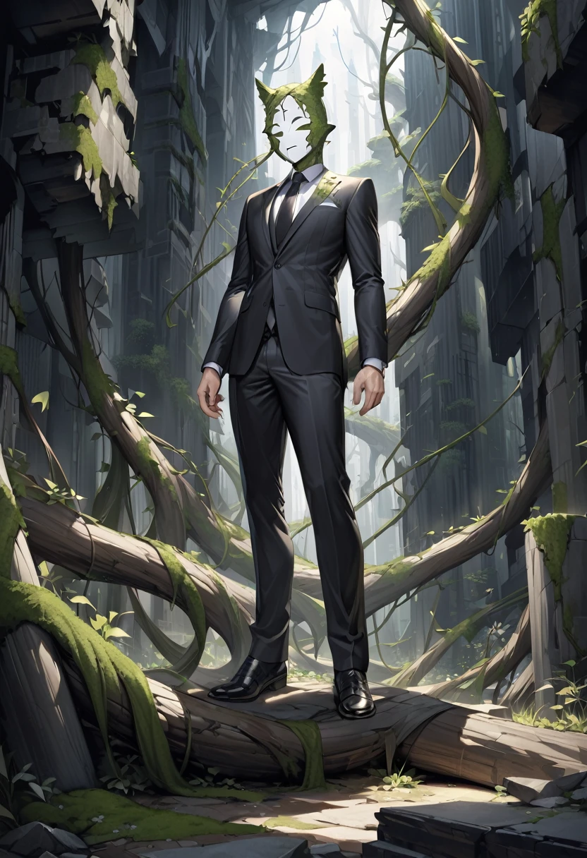 Bioengineered tree-human hybrid,Look at the viewer.,Tangled branches for hair,bark texture,in front of the tree,The face is bark.,bark face,สวมใส่ชุดblack suit,ชุดblack suit,black suit,leaves spring from the body,Standing in the desolate ruins,There is moss and vines..,ultra realistic,high resolution,depth of field,about beauty,Product introduction images,wear a suit,Tall figure,A big one