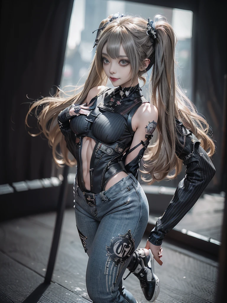 (Full Body View:1.4)、(Side view:1.1)、(Smiling with teeth showing:1.3),(Shibuya Gal:1.5)、(Gothic Lolita style fashion:1.5)、(Punk RockVisual Kei:1.5)、(Wearing a rhythmic gymnastics bodysuit with intricate details:1.4)、(Racing suit and pants with intricate decorations in white, denim and charcoal:1.5)、(Denim and light blue and white boots:1.3)、((belt))、(Numerous delicate logo marks all over the costume:1.4)、(collar:1.3)、(Striped underwear:1.5)、30 years old、NSFW、((Highest quality、In 8K、masterpiece:1.3))、Sharp focus:1.2、(Layered Cut、Huge boobs:1.1),Beautiful woman with perfect figure:1.4、(Dancing vigorously:1.3)、Slender Abs:1.2、Highly detailed face and skin texture、Detailed eyes、double eyelid,(Twin tails:1.3)、(Brown-golden hair:1.3)、Gravure idol、(The background is the stage of the fashion show:1.3)、(Slim body:1.3),(Make your legs thinner:1.4),(clavicle:1.1)、(Thin and slim thighs:1.3)