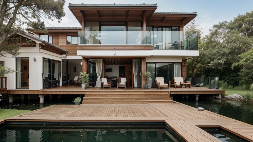 small house by the pond, 1 living room with sofa and television and treadmill, 1 bedroom on the right, large balcony stretching on land and water, modern wooden style, one grandfather and one grandmother sitting on the sofa watching television, The shot taken from outside the house, showing the house layout clearly