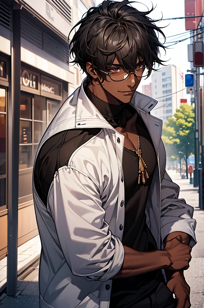 1male, black hair, dark skinned man, very dark skin, brown eyes, black hair, textured hair, muscular body, casual clothes, glasses, mature face, ikemen, smile, outdoor background, 4k, high resolution, rim lighting