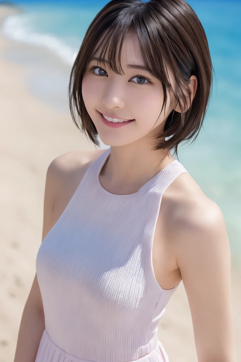 8K highest image quality)、（beautiful）、Yui Aragaki、Accurate Eyes、Fine skin、22-year-old female、Brown eyes、Brown Hair、looking at the camera、Completely naked、Semi-short hair、Smile、bangs、Full view of 、Shoot from above、Nipples